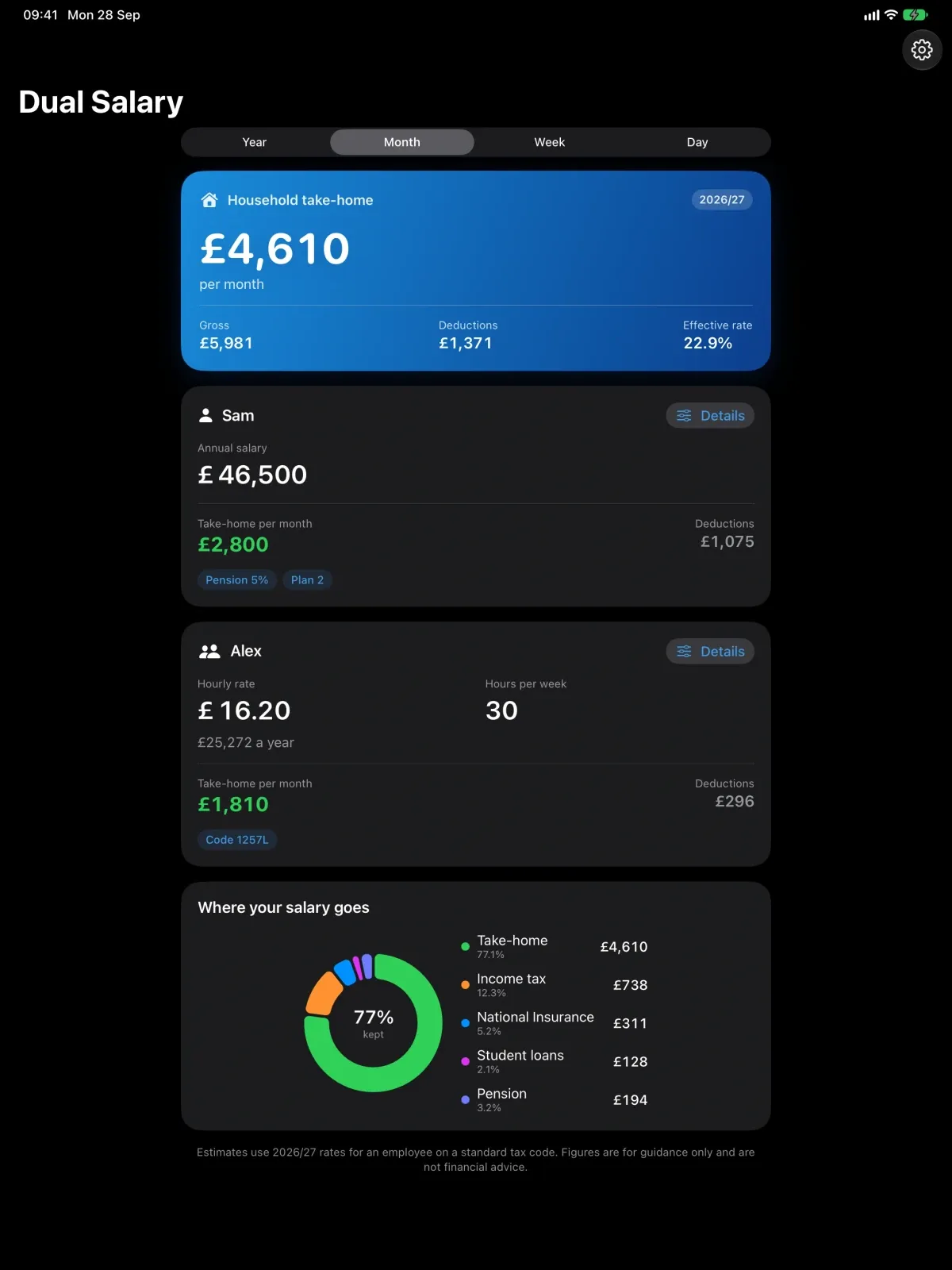 UK Dual Salary Calculator screenshot 4 (dark mode)
