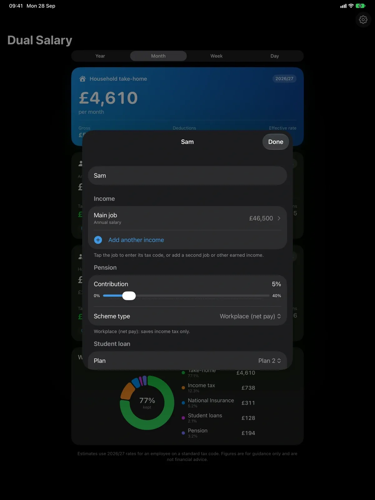 UK Dual Salary Calculator screenshot 5 (dark mode)