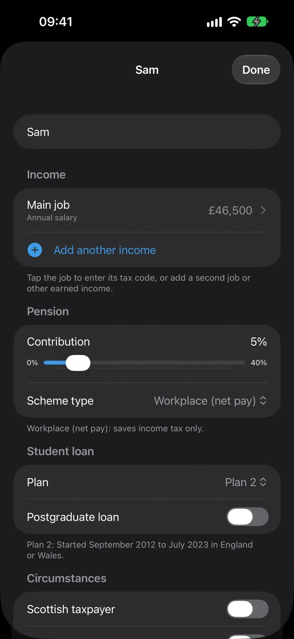 UK Dual Salary Calculator screenshot 2 (dark mode)