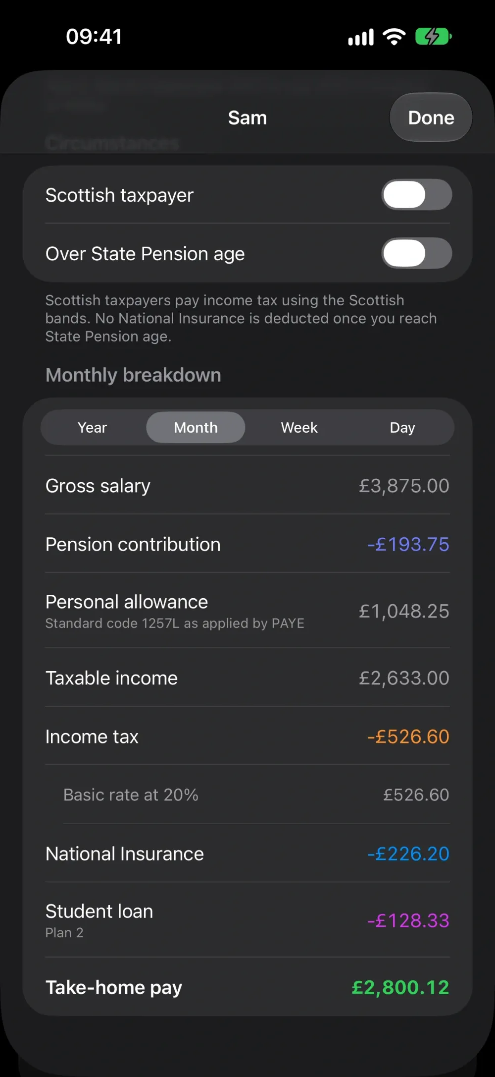 UK Dual Salary Calculator screenshot 3 (dark mode)