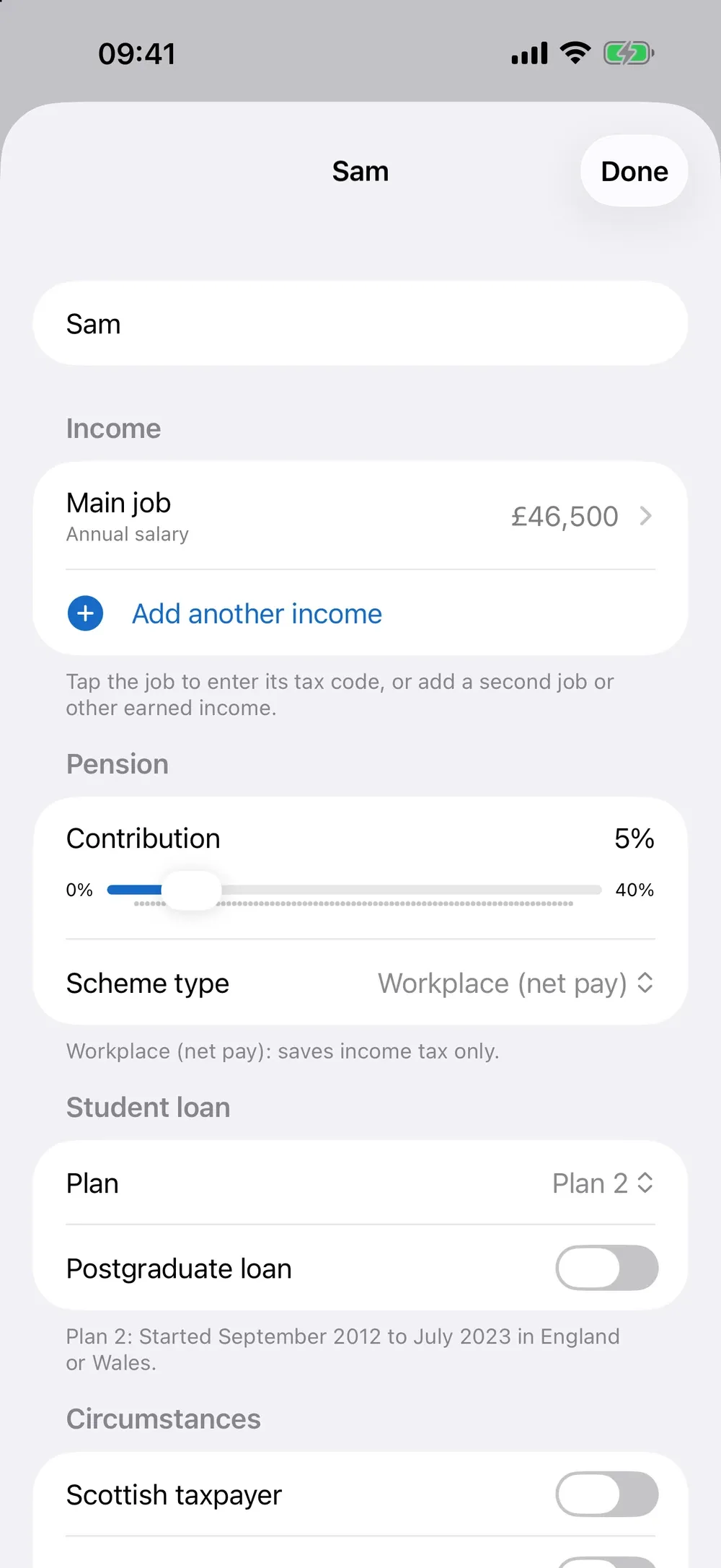 UK Dual Salary Calculator screenshot 2 (light mode)