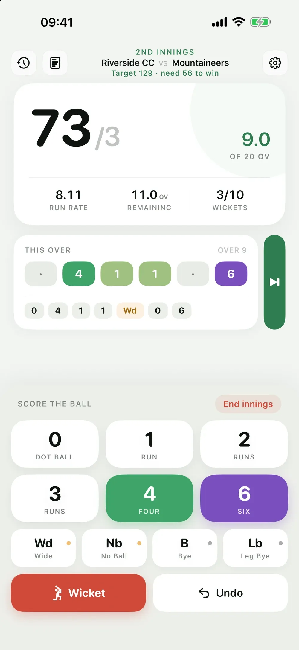 Umpire Score screenshot 2 (light mode)