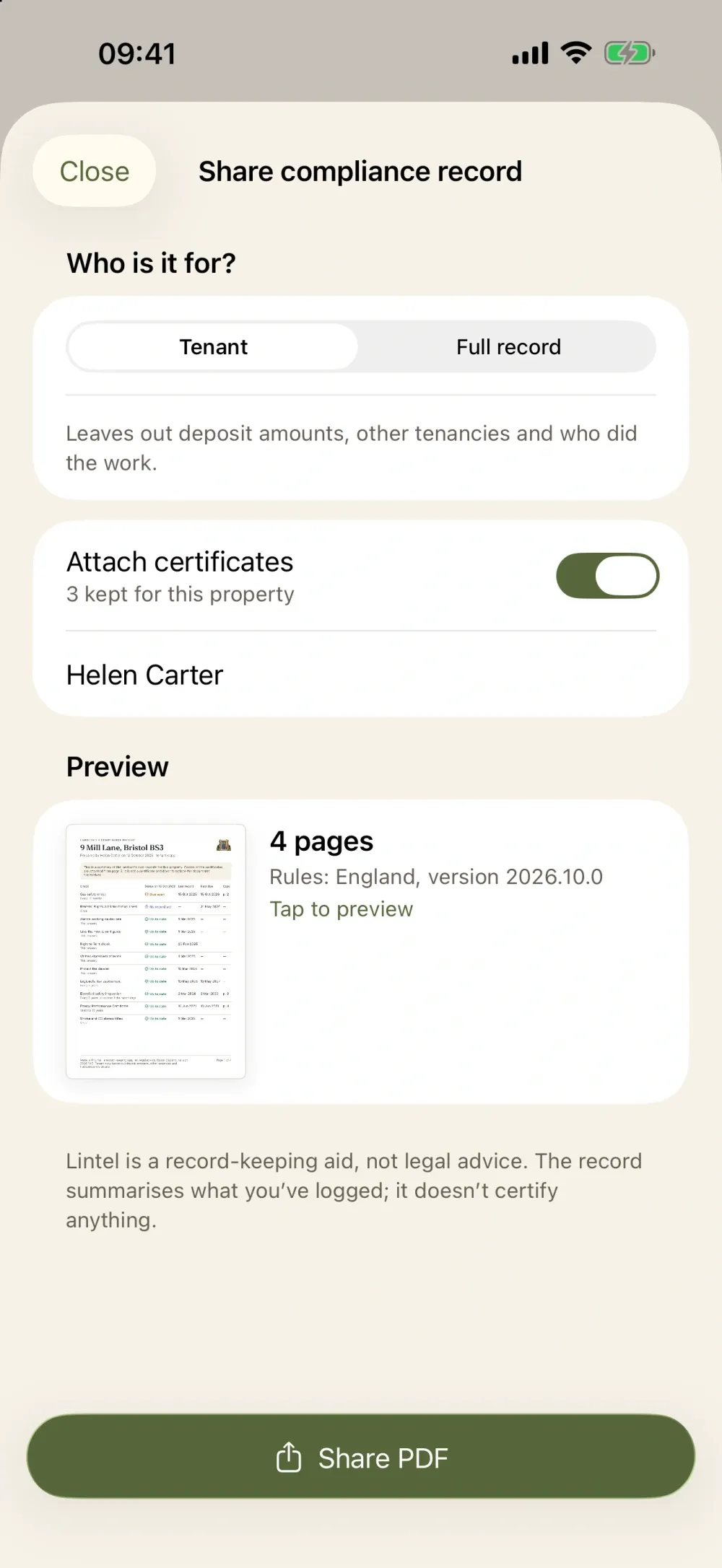 Lintel: Landlord Logbook screenshot 6 (light mode)